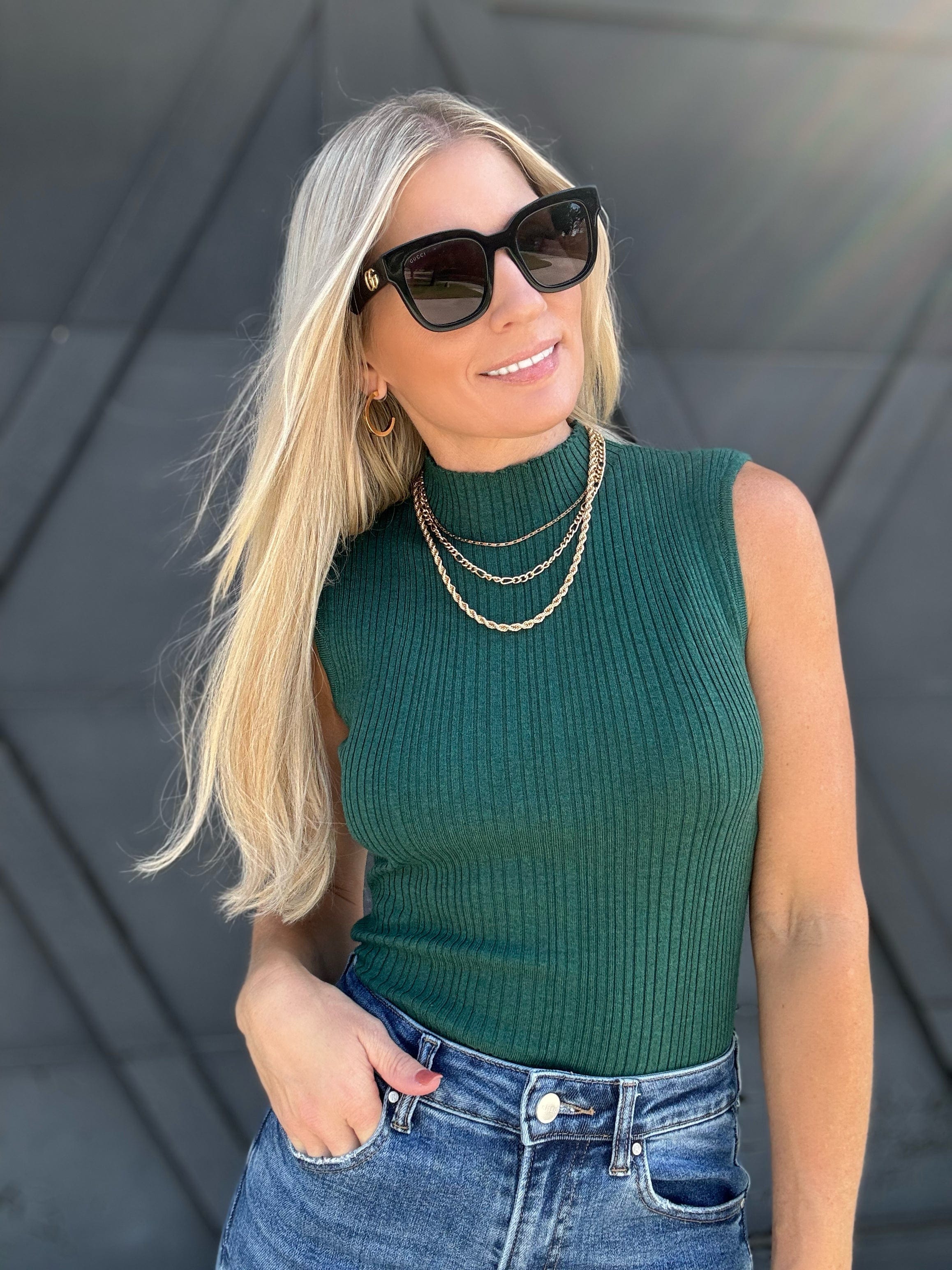 Mock Neck Sleeveless Sweater Knit Top In Dark Green - Infinity Raine