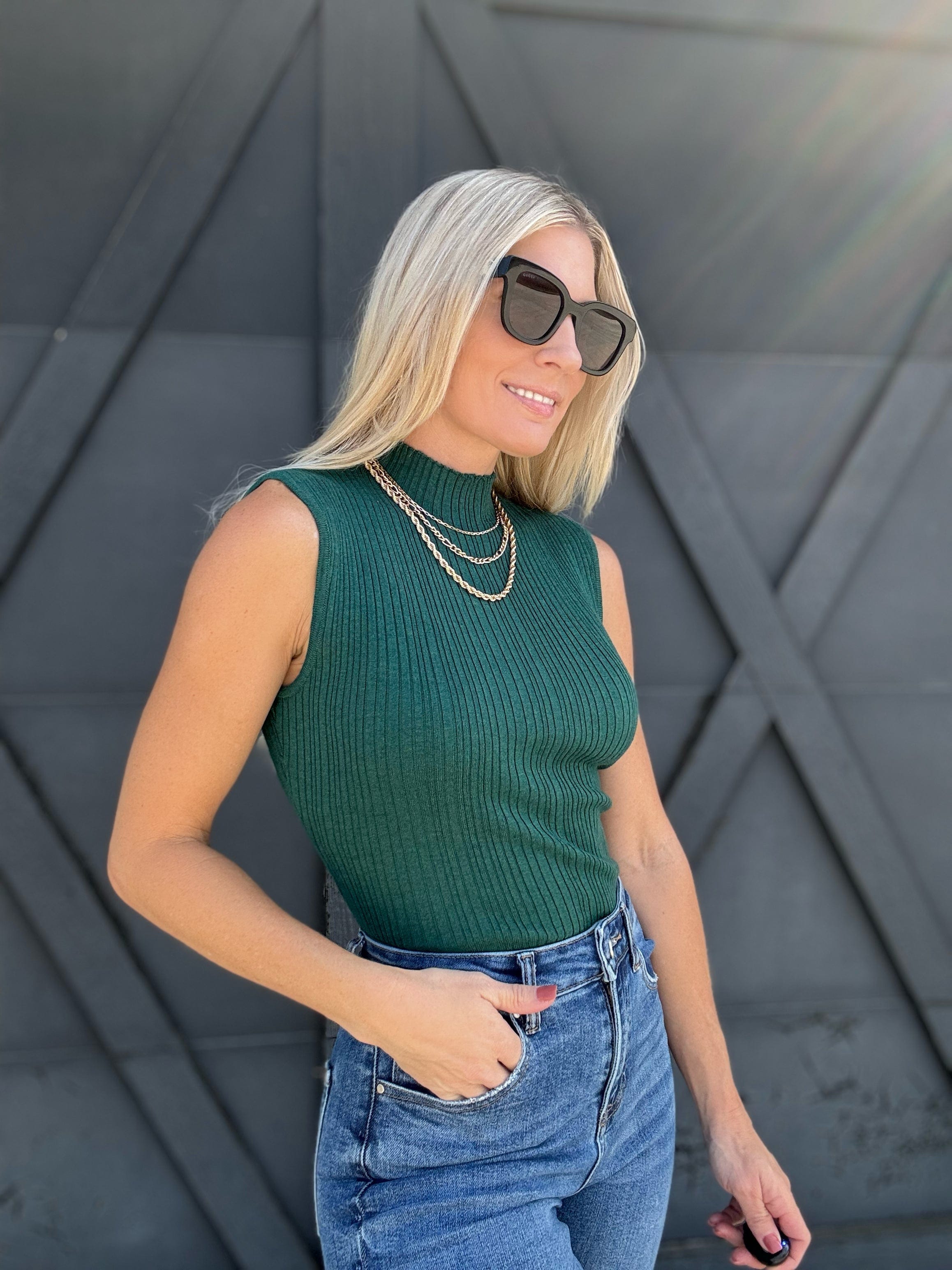 Mock Neck Sleeveless Sweater Knit Top In Dark Green - Infinity Raine