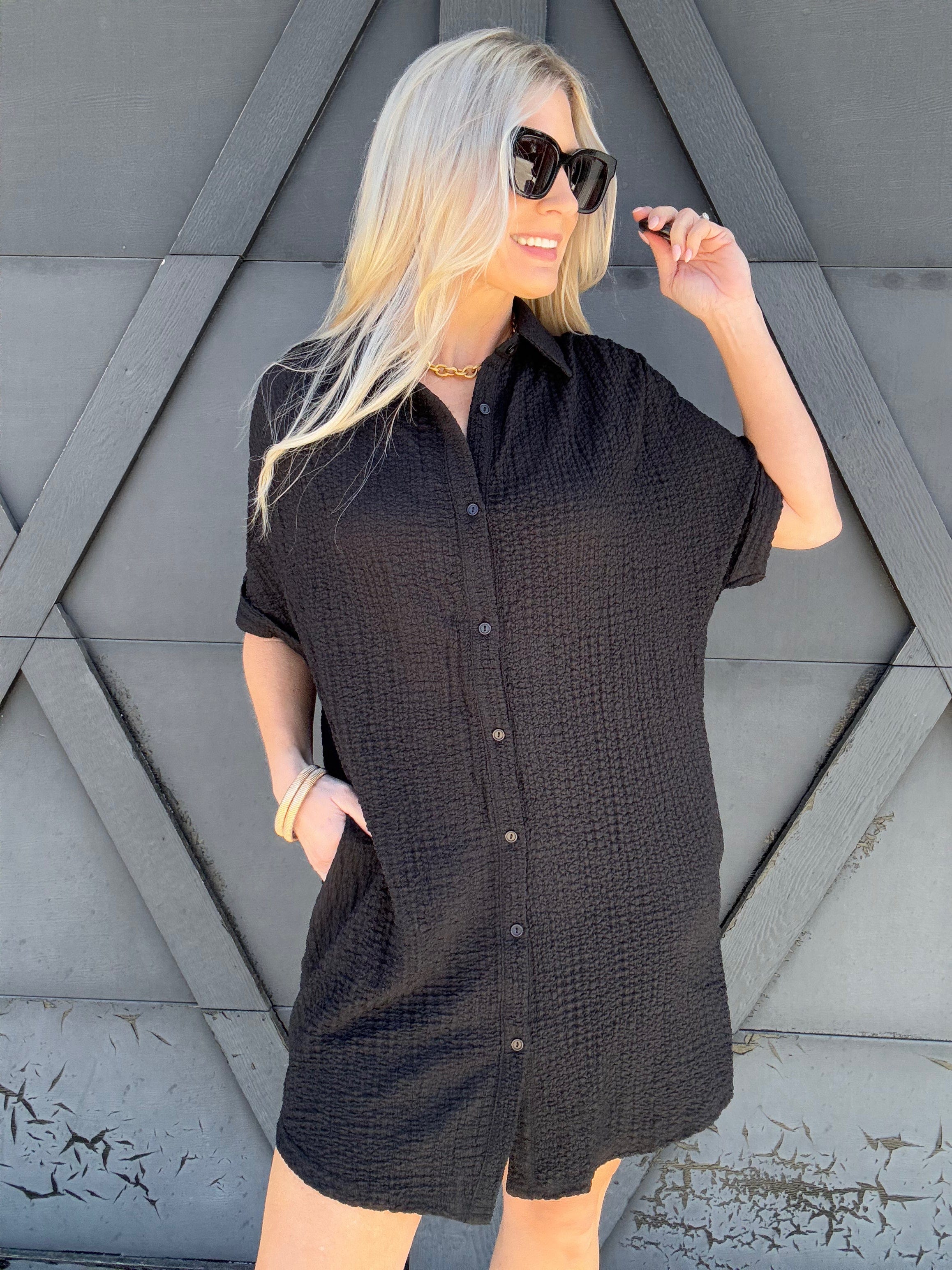 Button Down Shirt Dress In Black - Infinity Raine