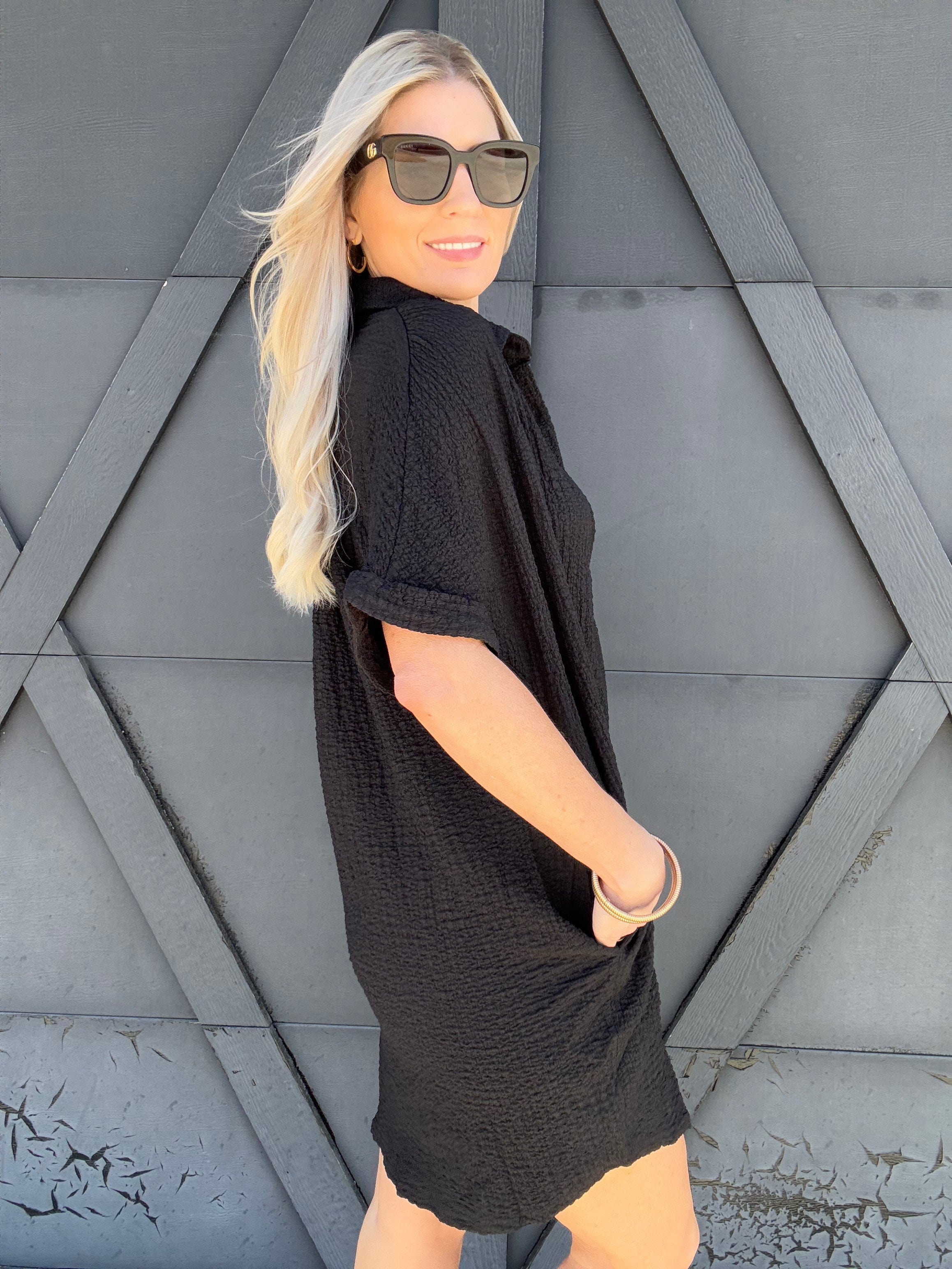 Button Down Shirt Dress In Black - Infinity Raine