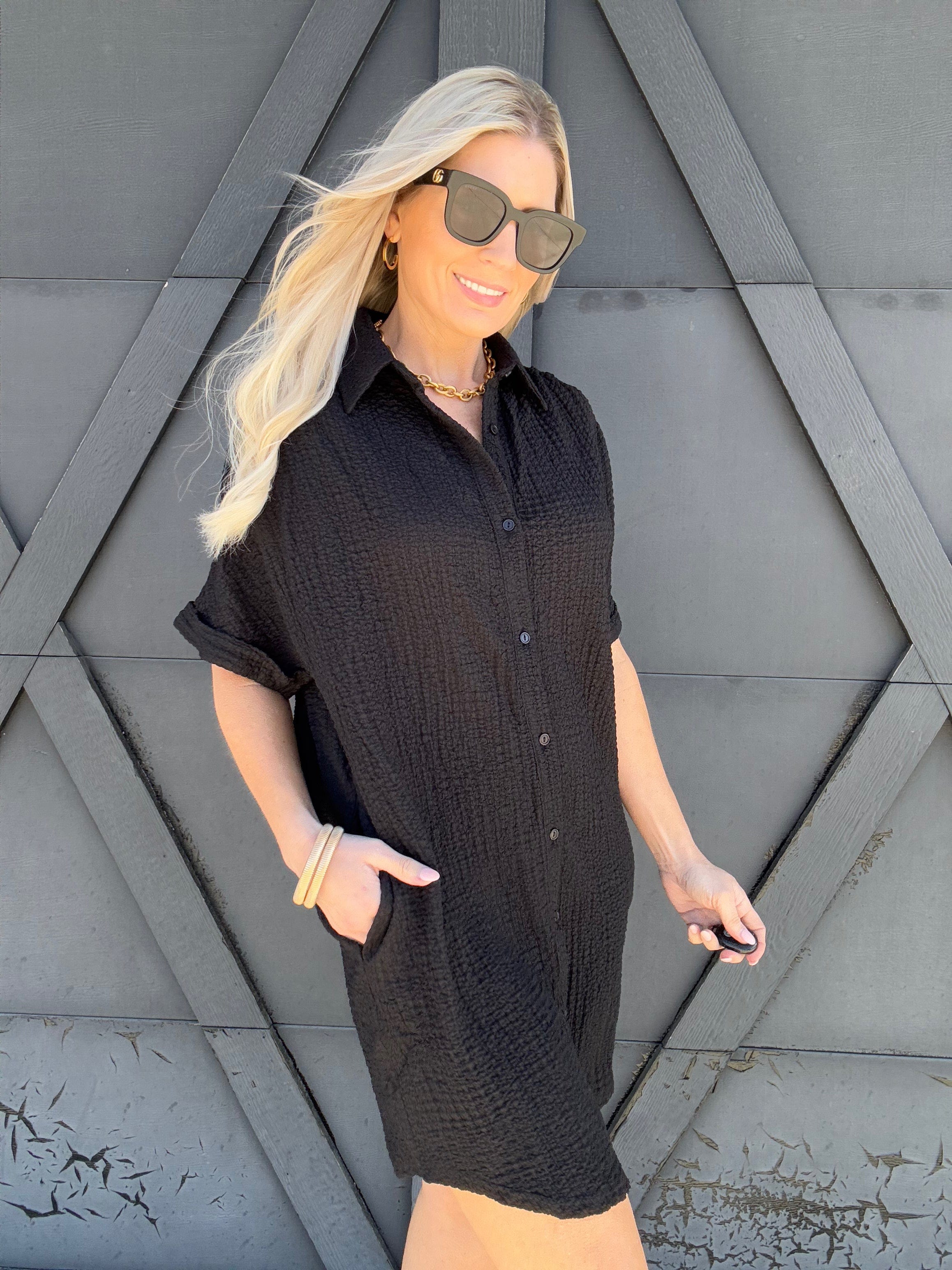 Timing Dresses Button Down Shirt Dress In Black