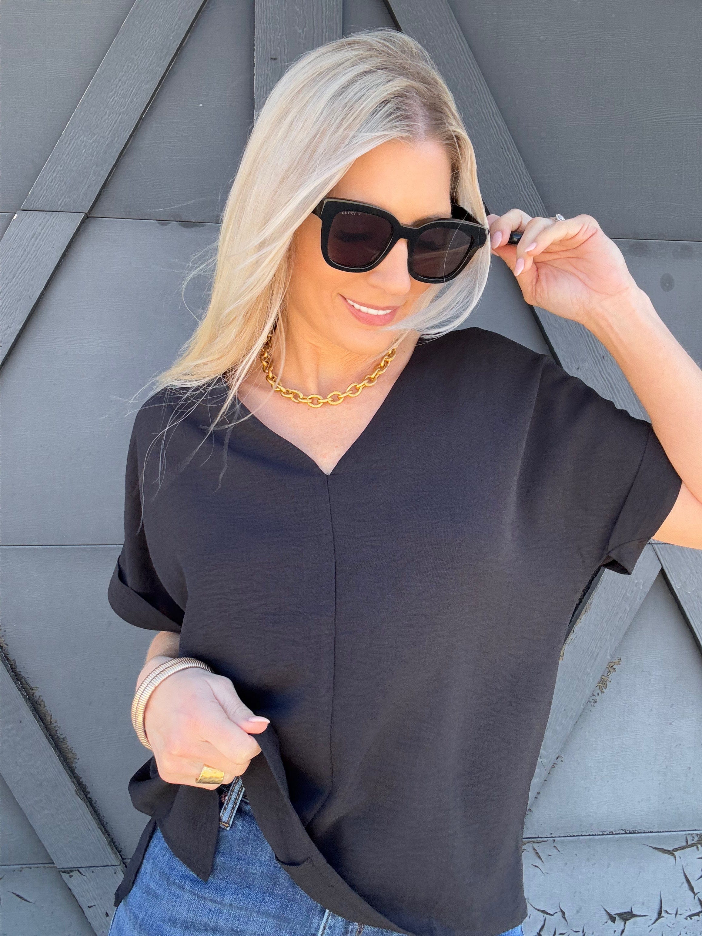 Back To Business V-Neck Blouse In Black - Infinity Raine