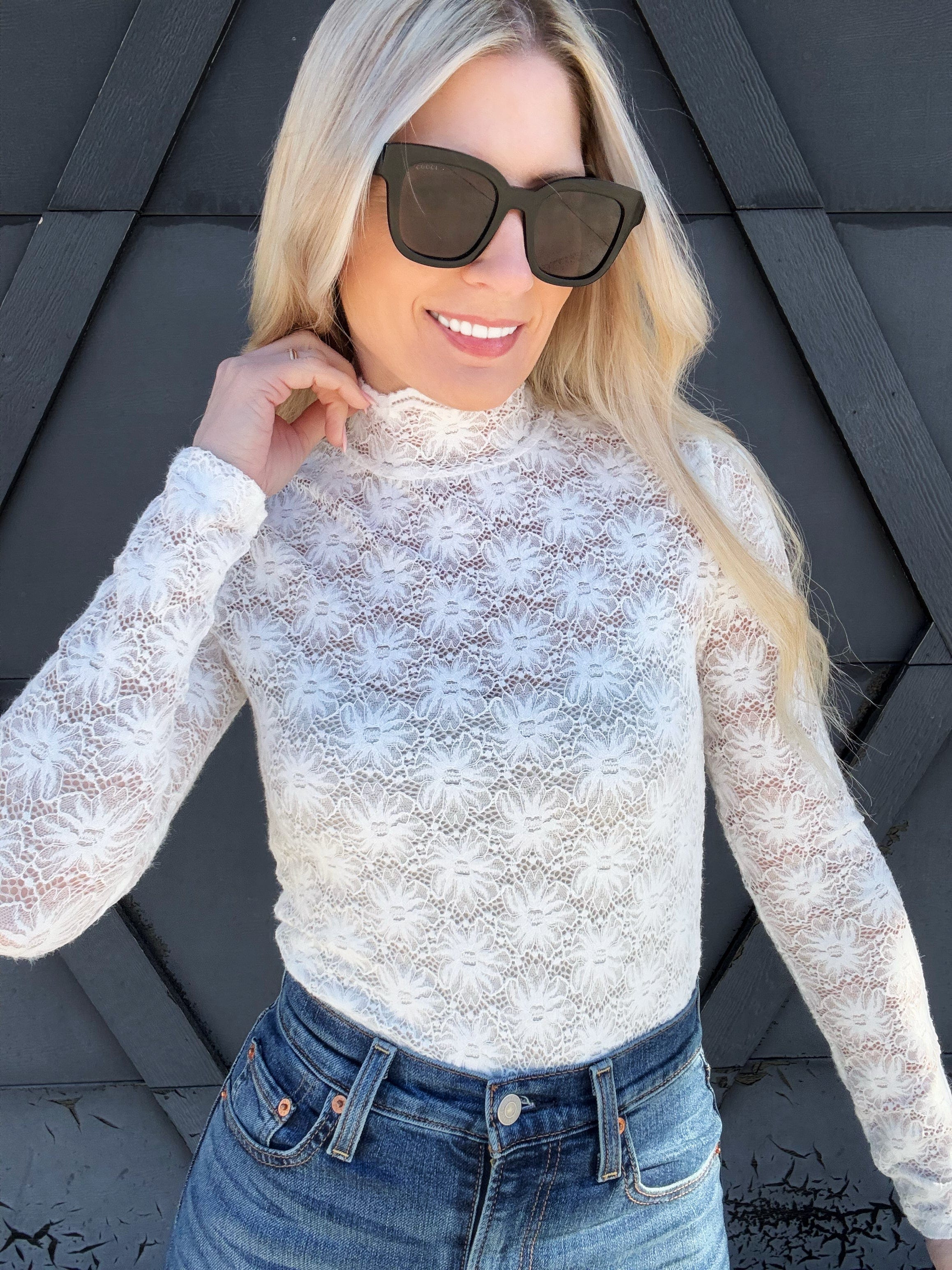 Lace High Neck Long Sleeve In White - Infinity Raine