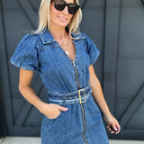 Vervet Puff Sleeve Belted Mini Dress In Denim Blue - Infinity Raine