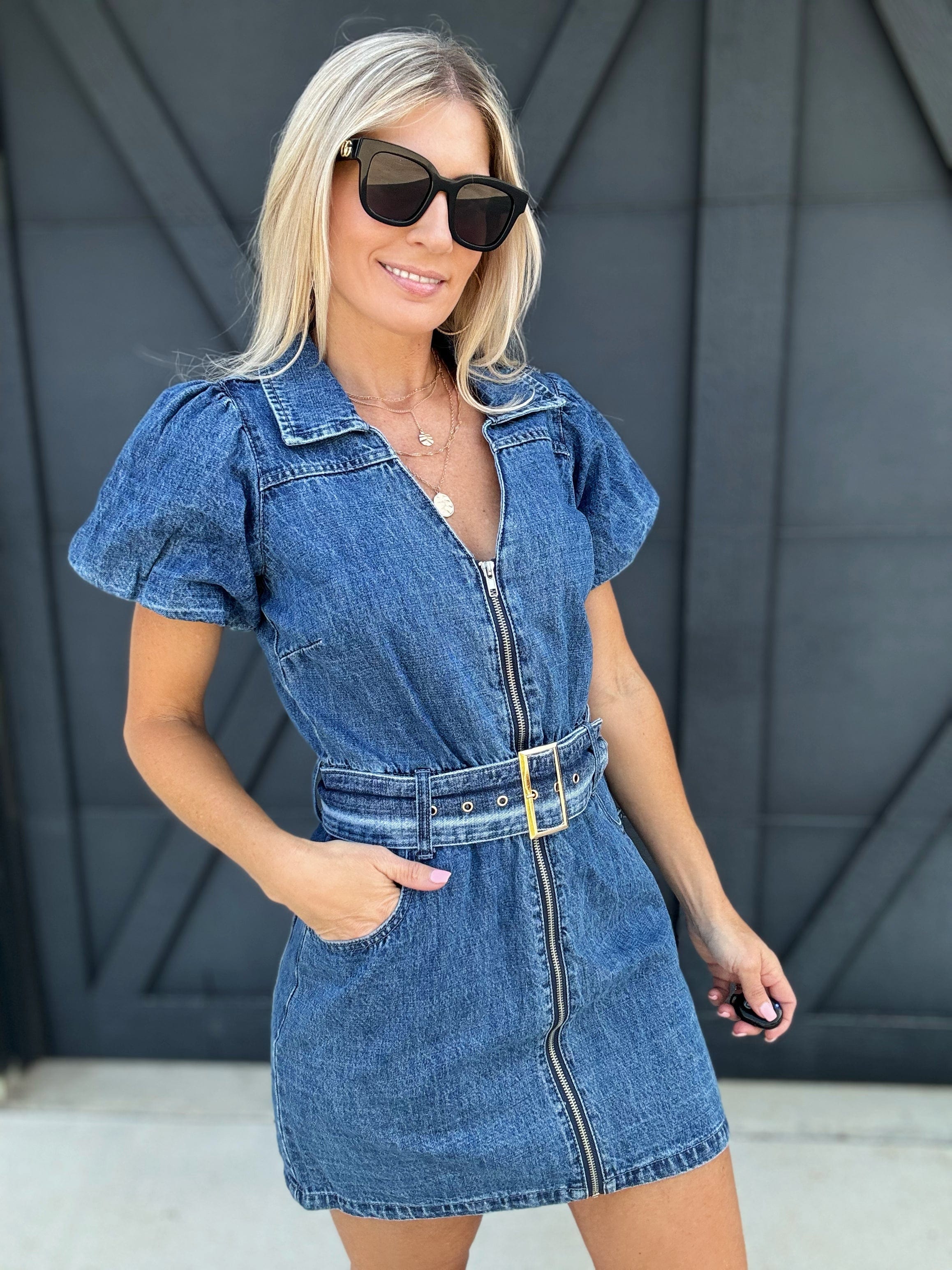 Vervet Puff Sleeve Belted Mini Dress In Denim Blue - Infinity Raine