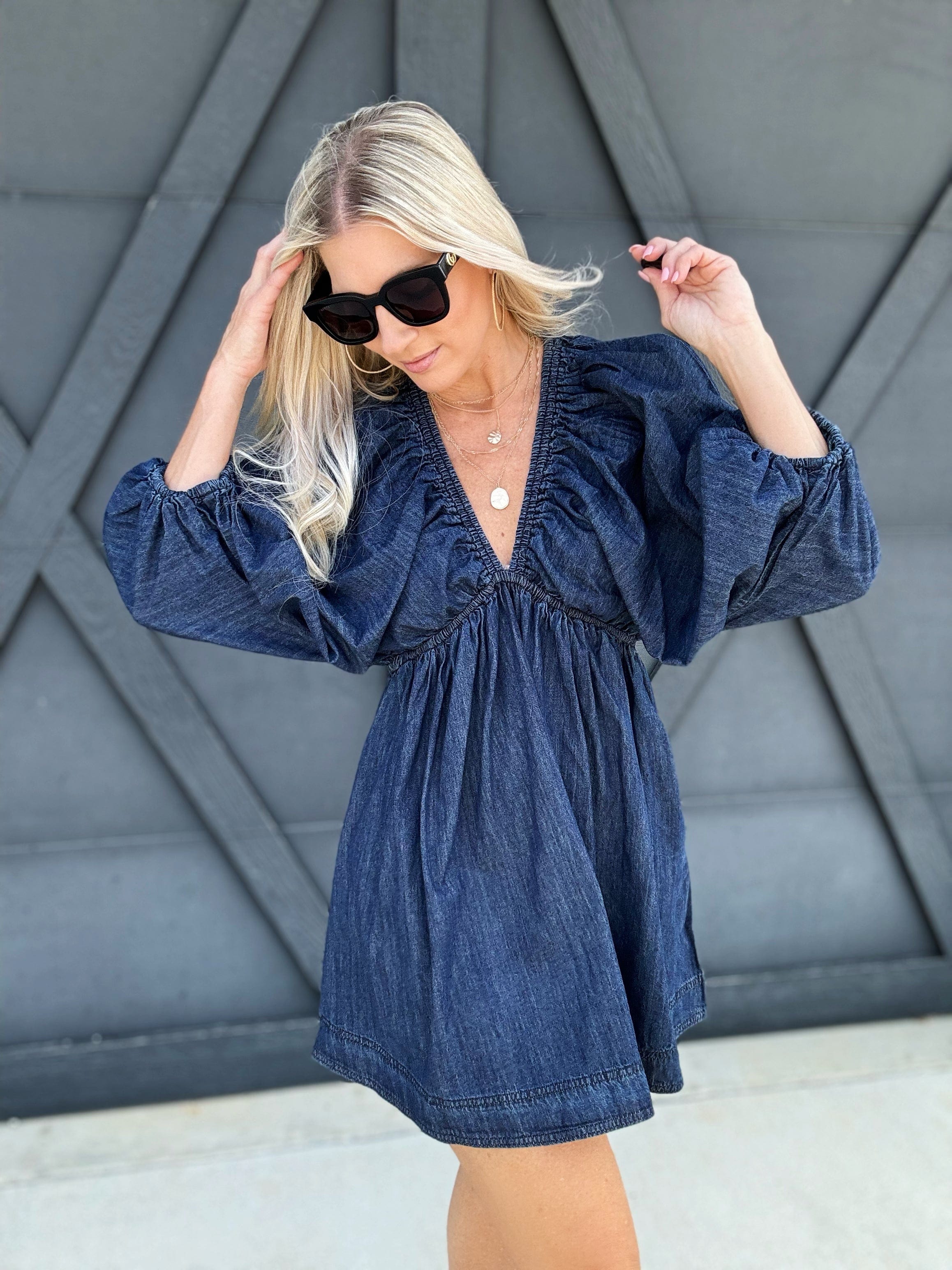 V-Neck Puff Sleeve Dress In Dark Denim - Infinity Raine