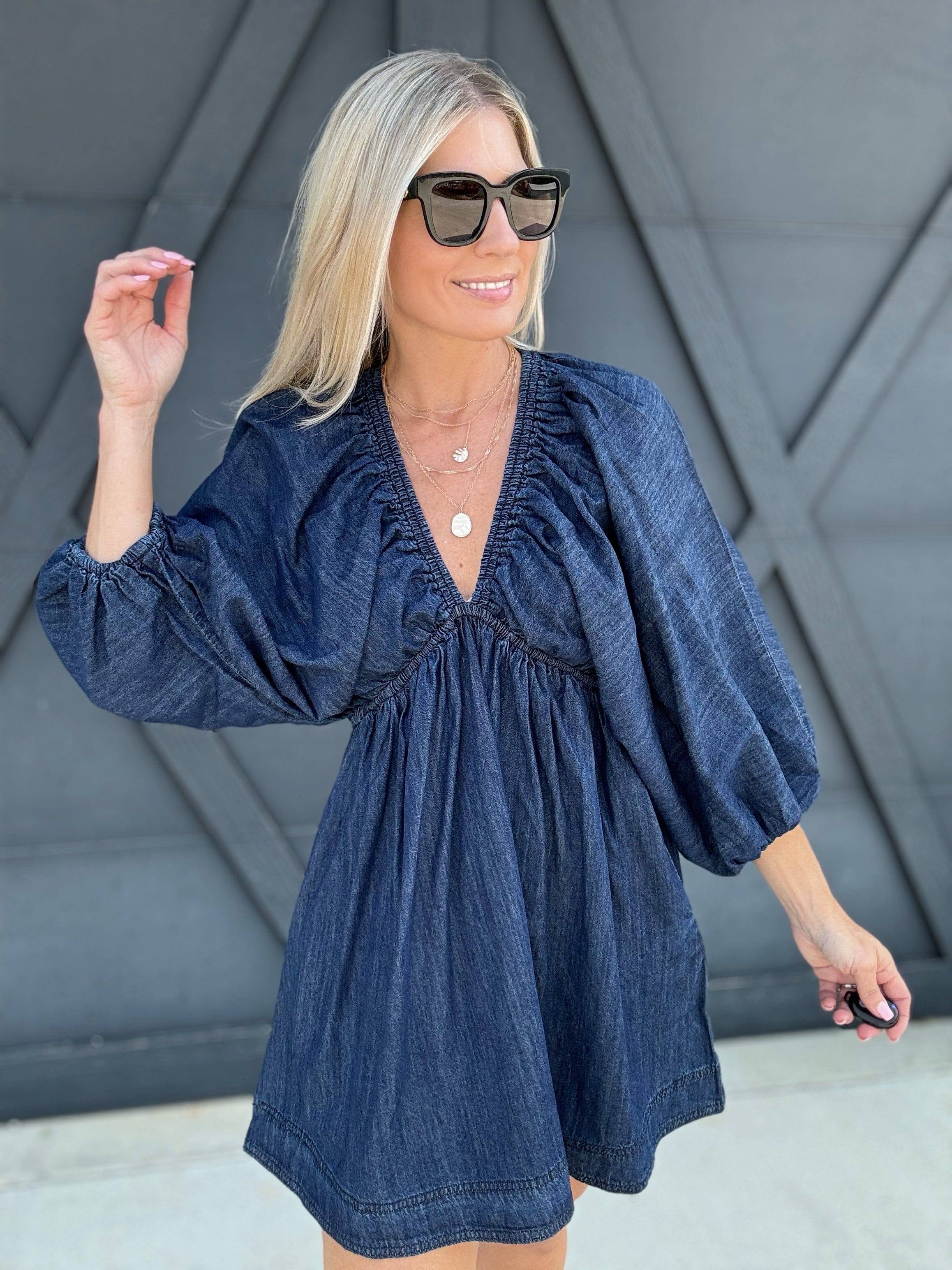 V-Neck Puff Sleeve Dress In Dark Denim - Infinity Raine