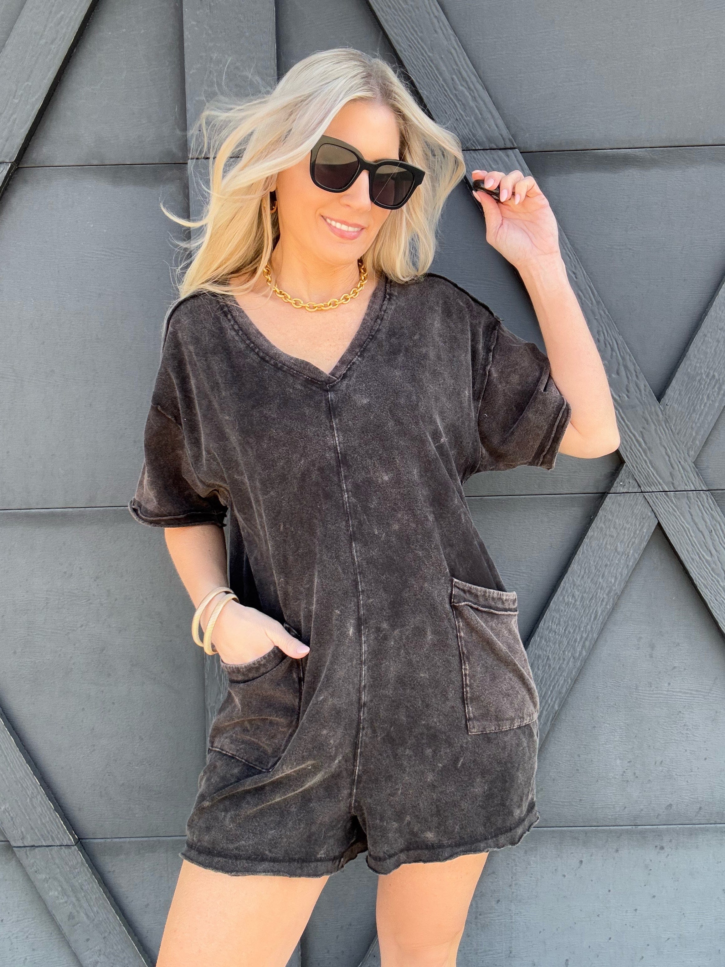 Mineral Washed Oversized Romper In Black - Infinity Raine