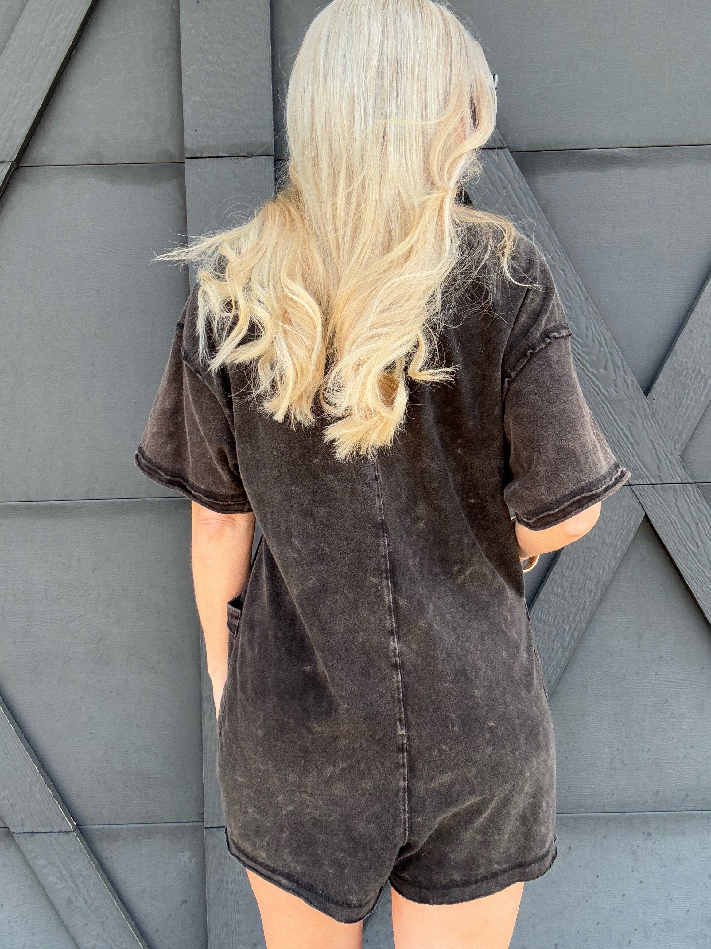 Mineral Washed Oversized Romper In Black - Infinity Raine