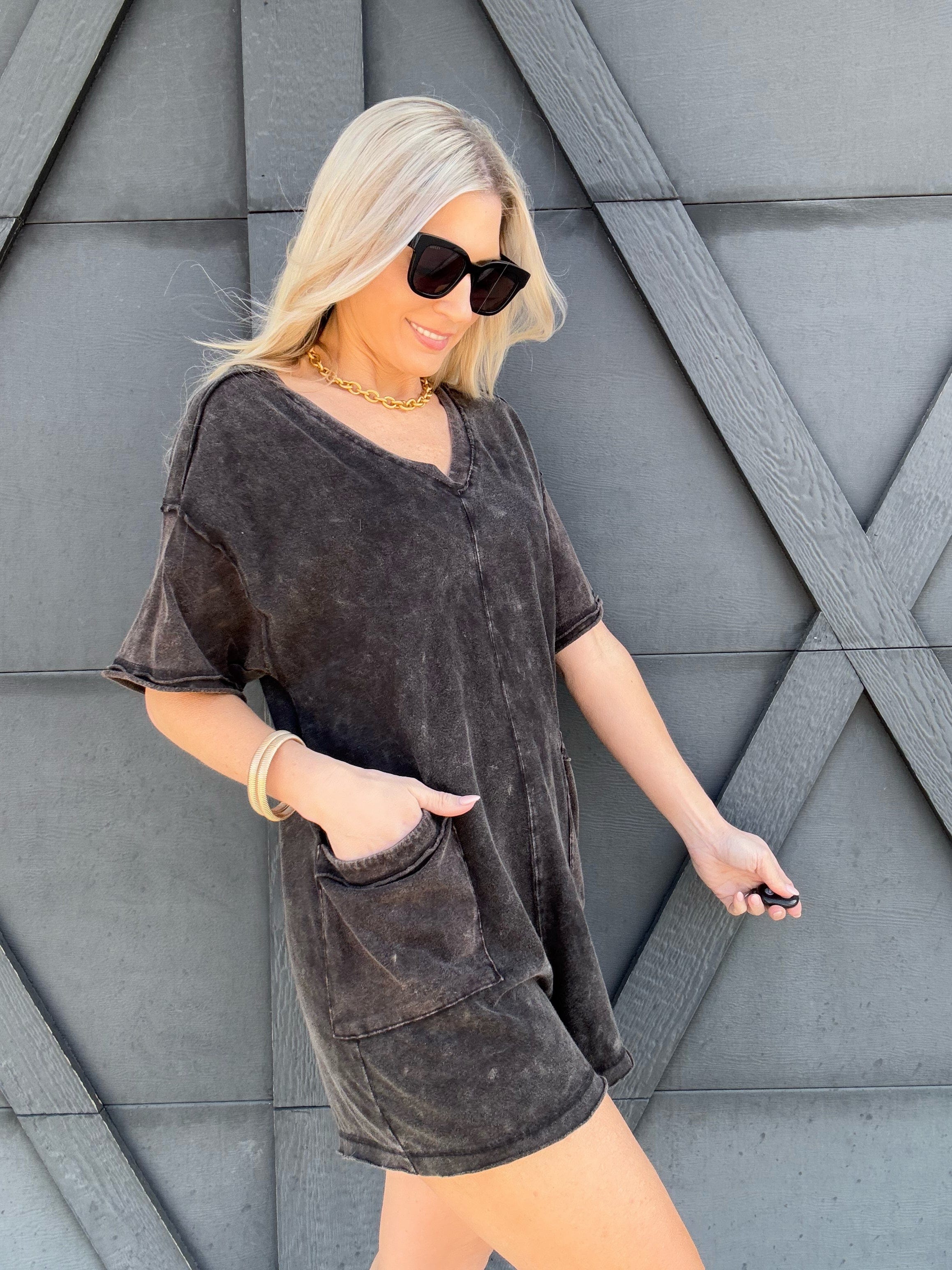 Mineral Washed Oversized Romper In Black - Infinity Raine