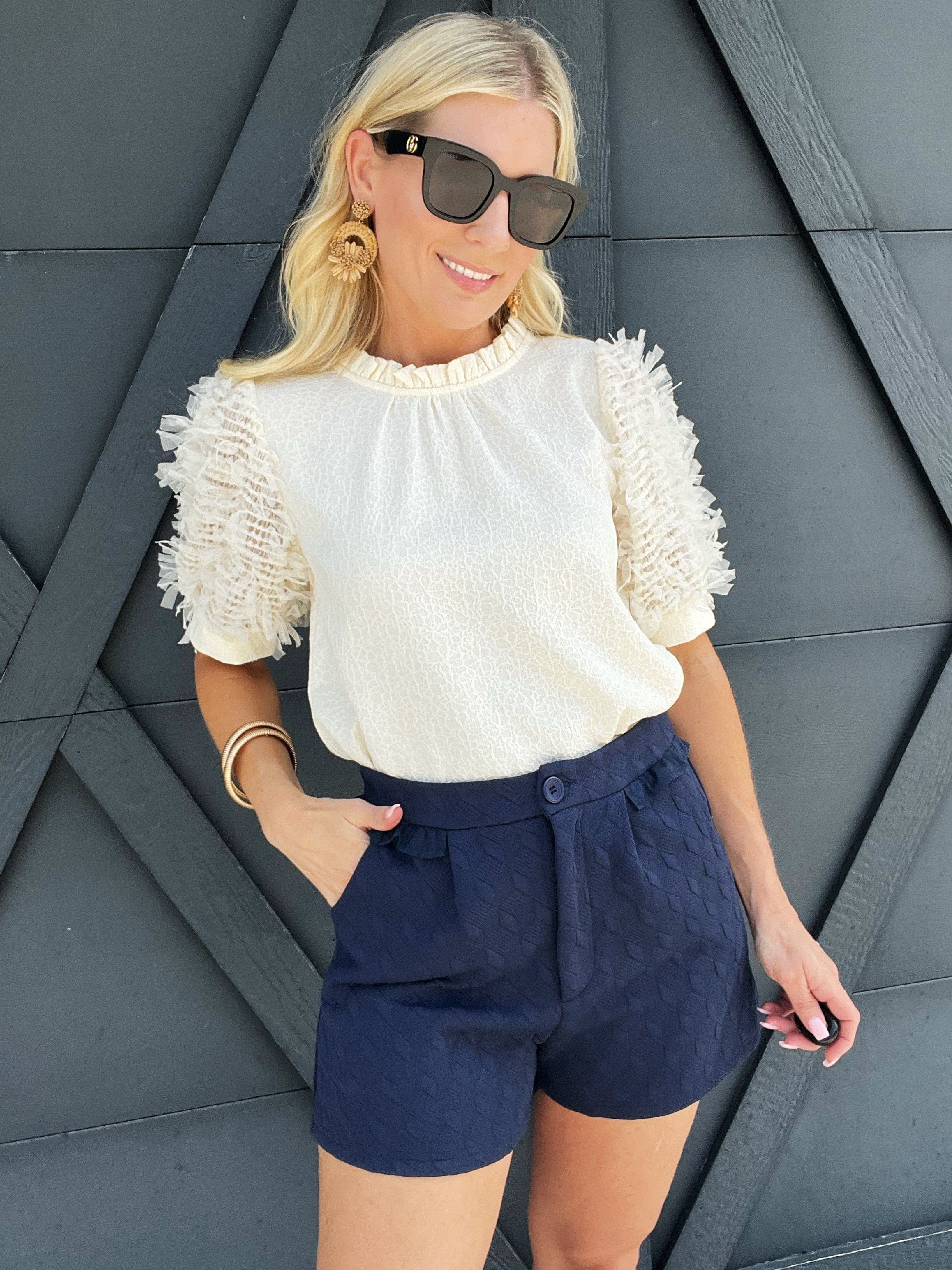 Ruffle Textured Knit Shorts In Navy