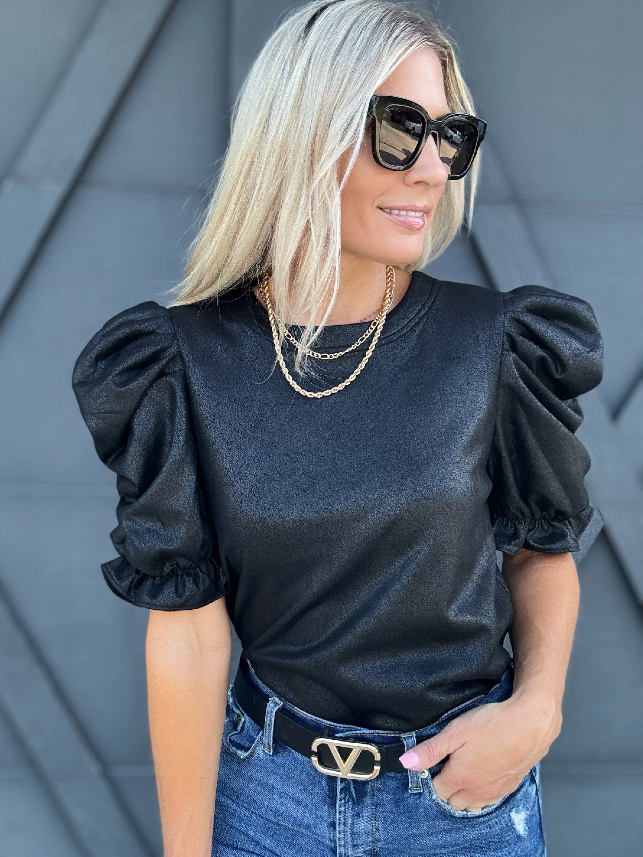 Ruched Puff Sleeve Top In Black - Infinity Raine