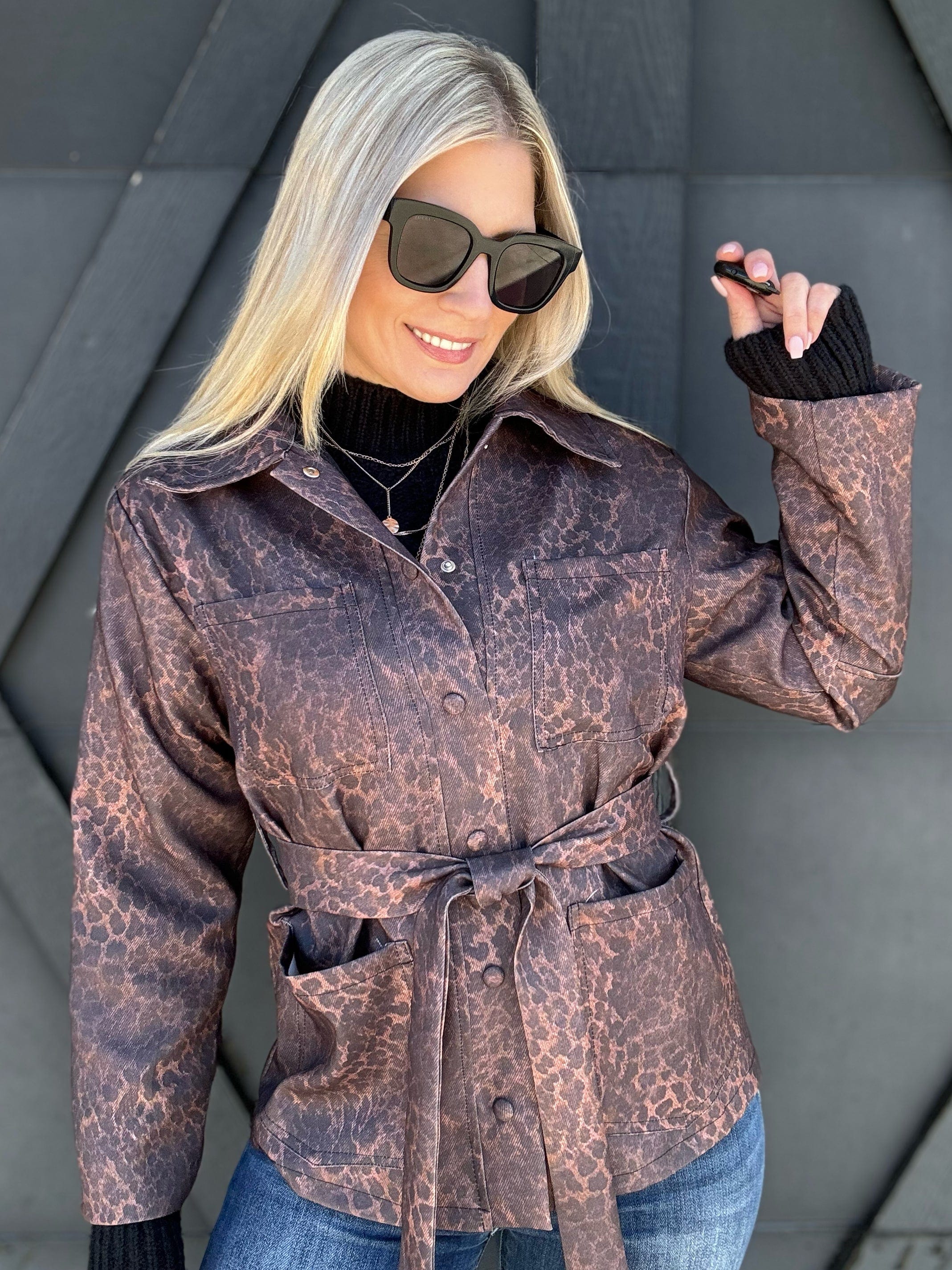 Leopard Belted Jacket In Brown - Infinity Raine