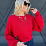 Boat Neck Balloon Sleeve Sweater In Ruby - Infinity Raine