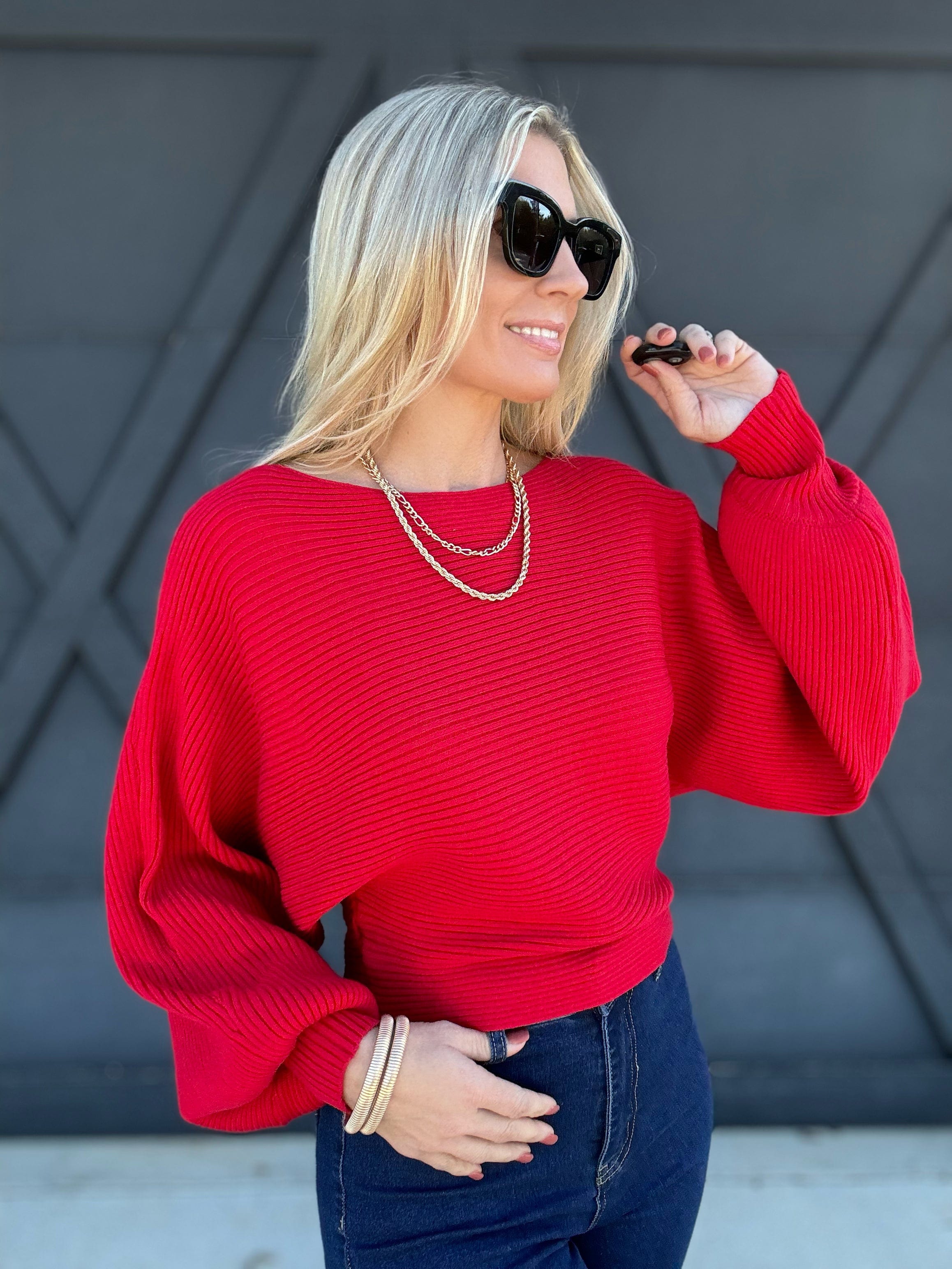 Boat Neck Balloon Sleeve Sweater In Ruby - Infinity Raine