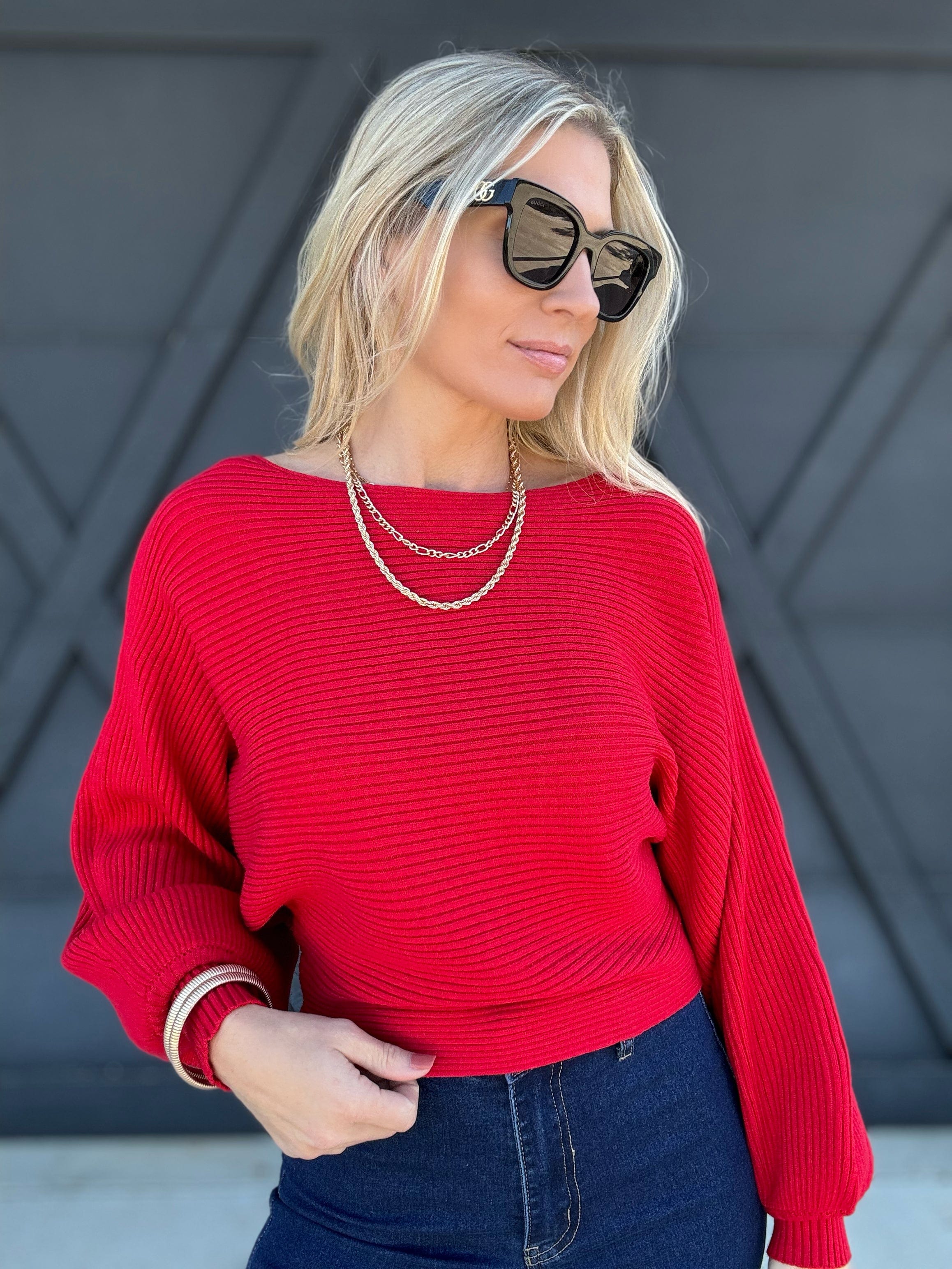 Boat Neck Balloon Sleeve Sweater In Ruby - Infinity Raine