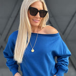 Fleece Boatneck Pullover In Classic Blue - Infinity Raine