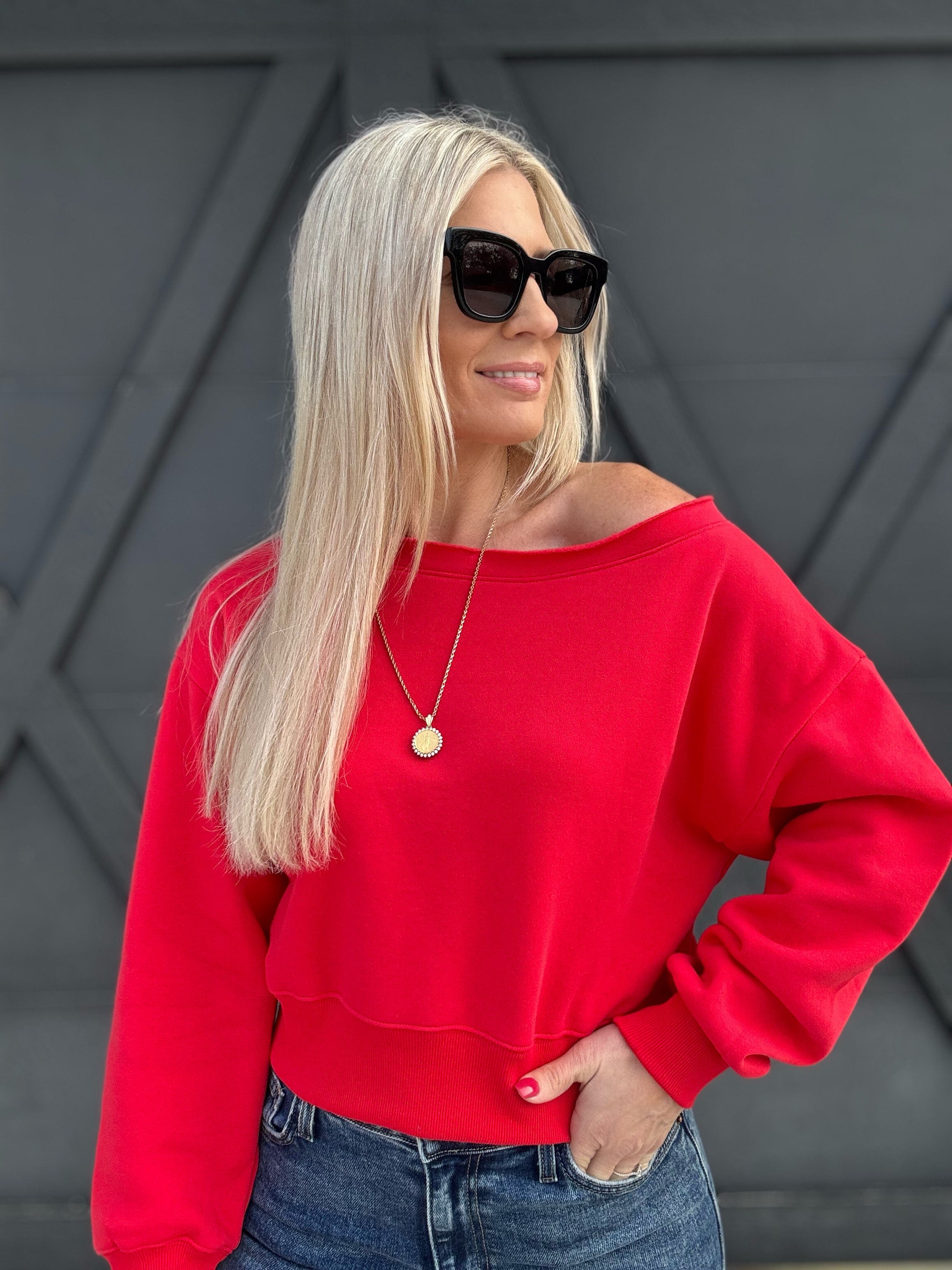 Fleece Boatneck Pullover In Ruby - Infinity Raine