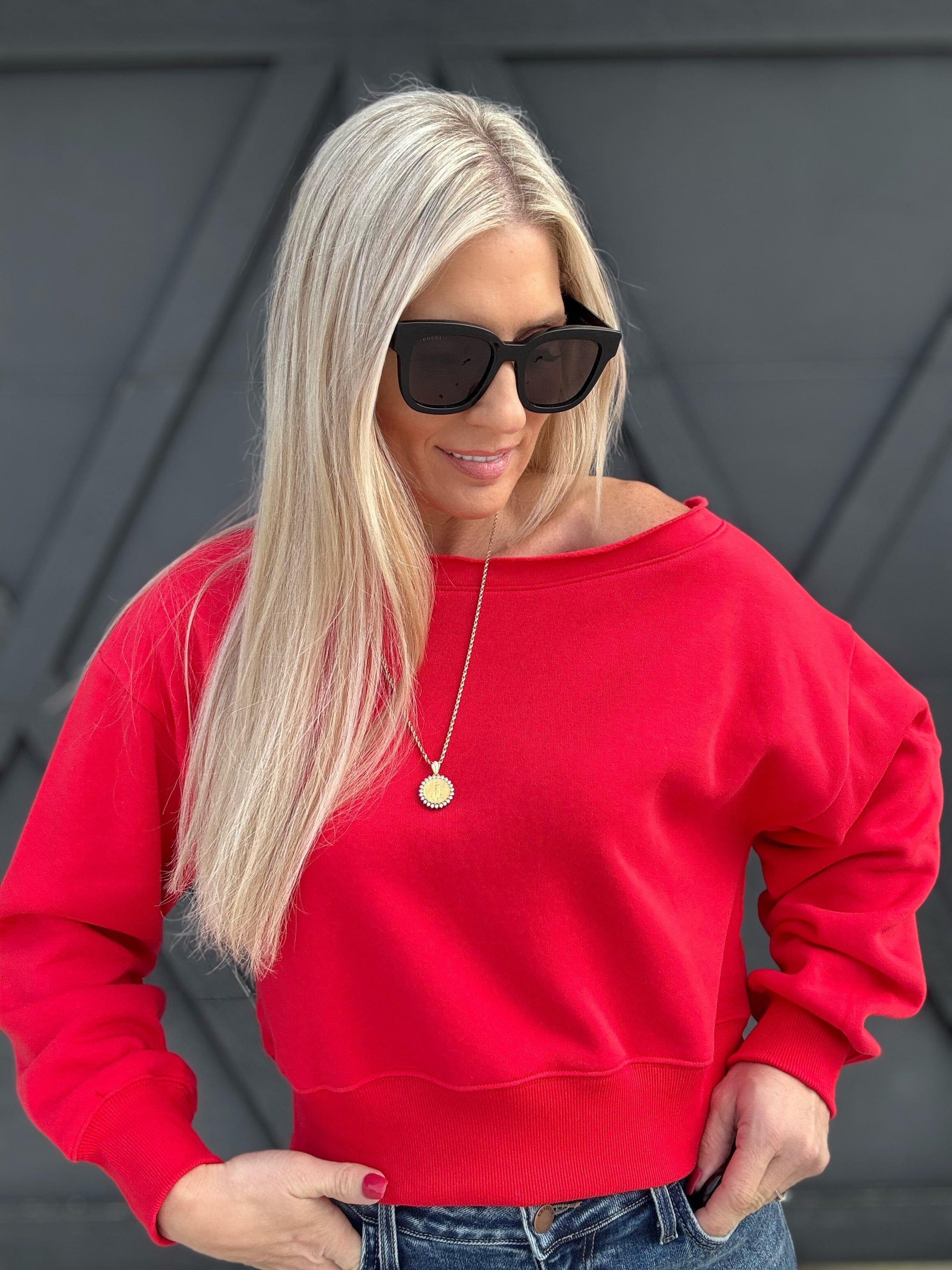 Fleece Boatneck Pullover In Ruby - Infinity Raine