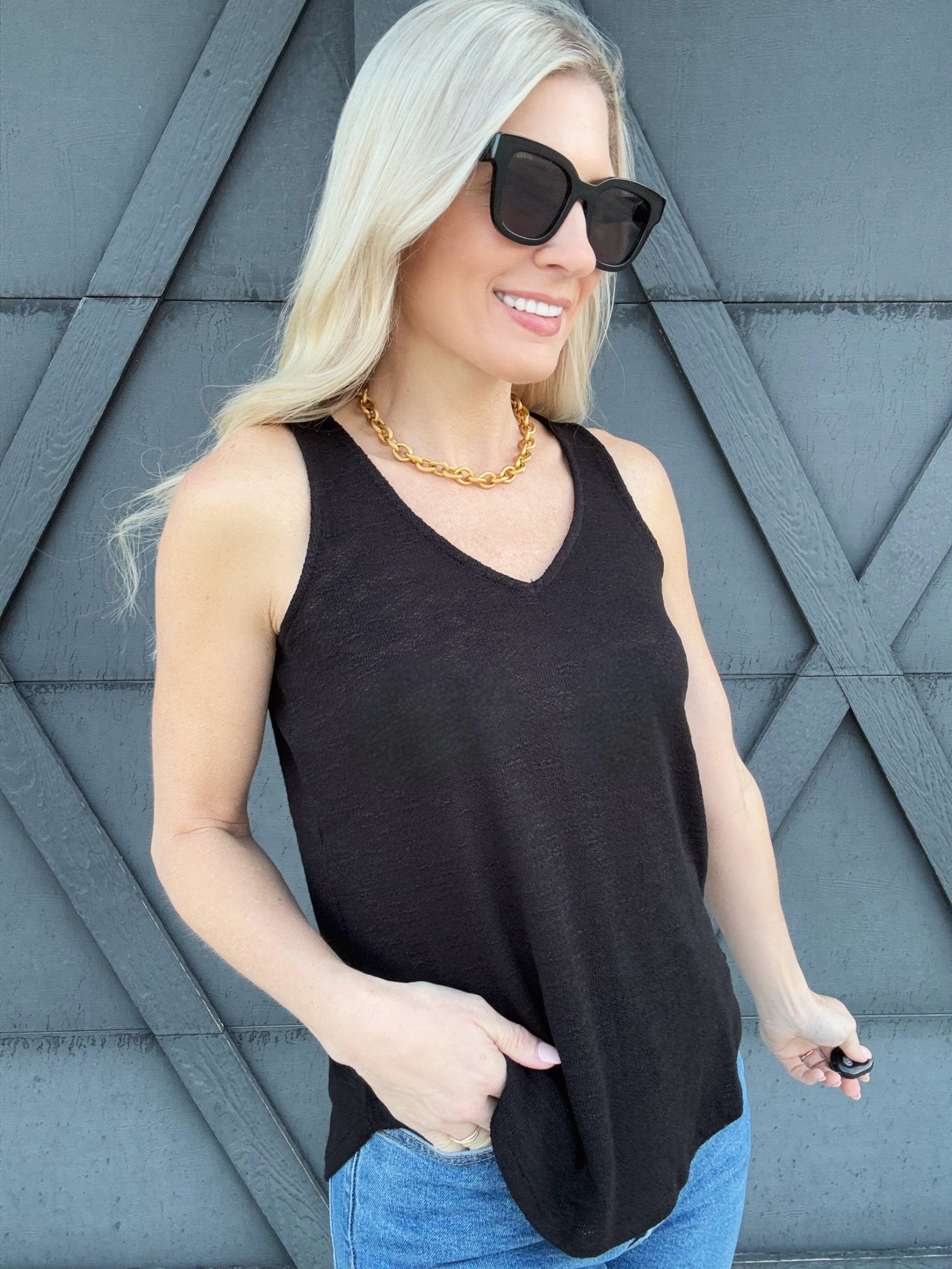 V Neck Cami Top In Black - Infinity Raine